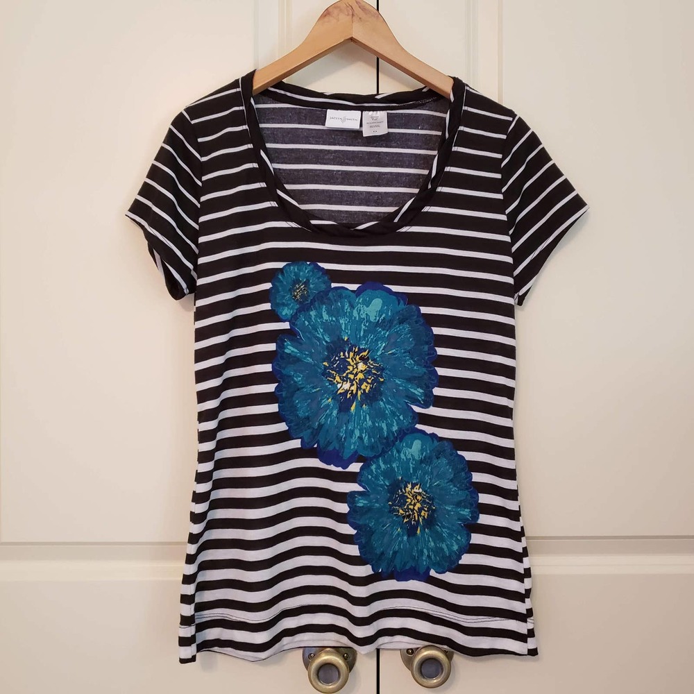 Jaclyn Smith Stripe Teal Flower Shirt, M